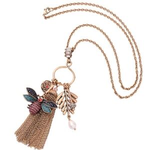 Goldtone Tasseled Necklace With Bee Charm, Leaf Charm and Freshwater Pearl